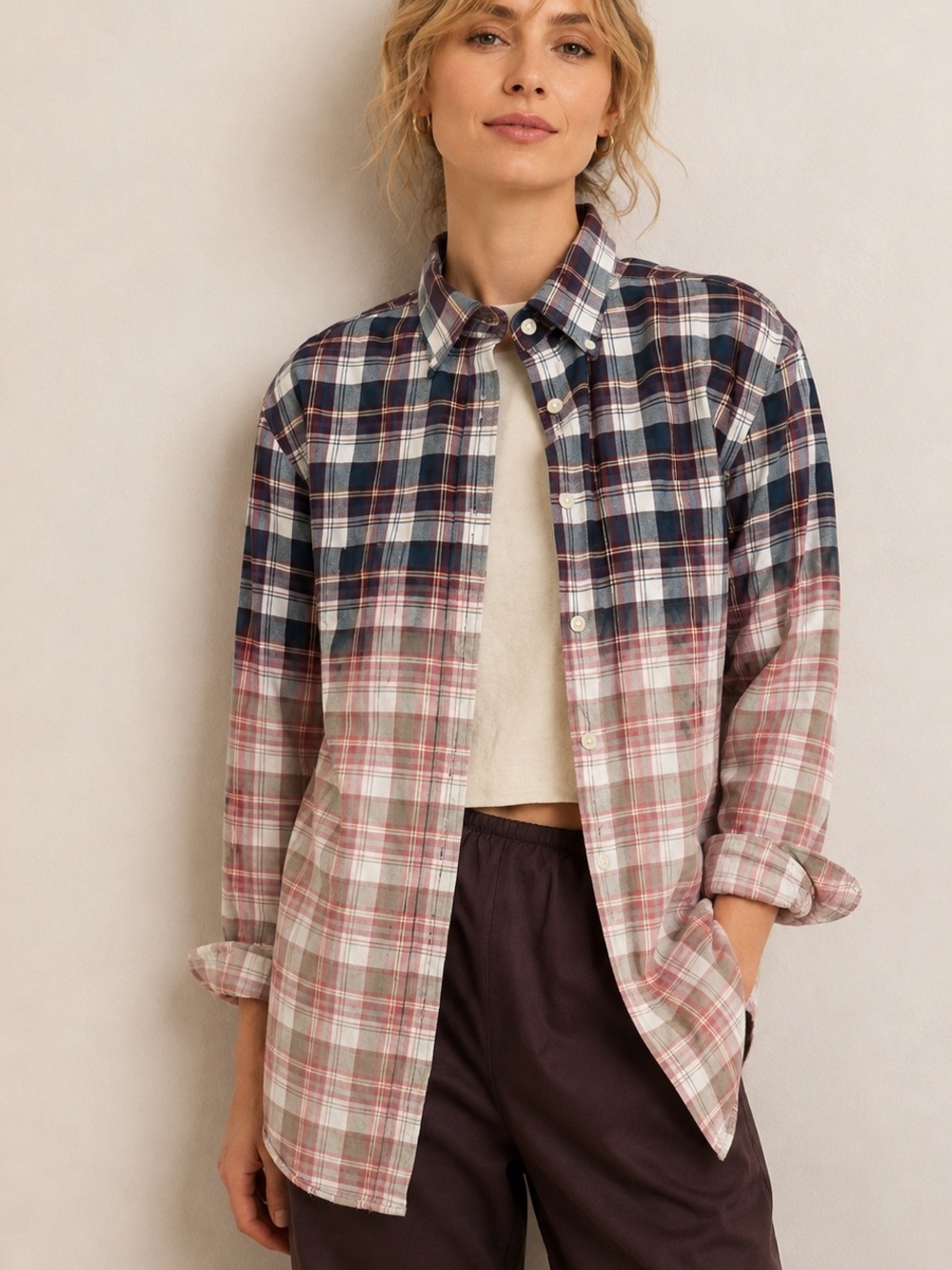 Men’s Plaid Reworked Bleached Ombré Button Down Shirt Size Medium